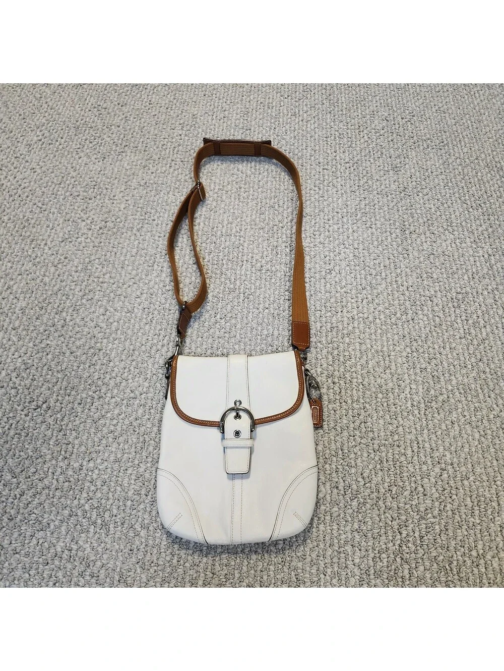 Coach White Leather Crossbody Bag with Brown Trim and Adjustable Strap